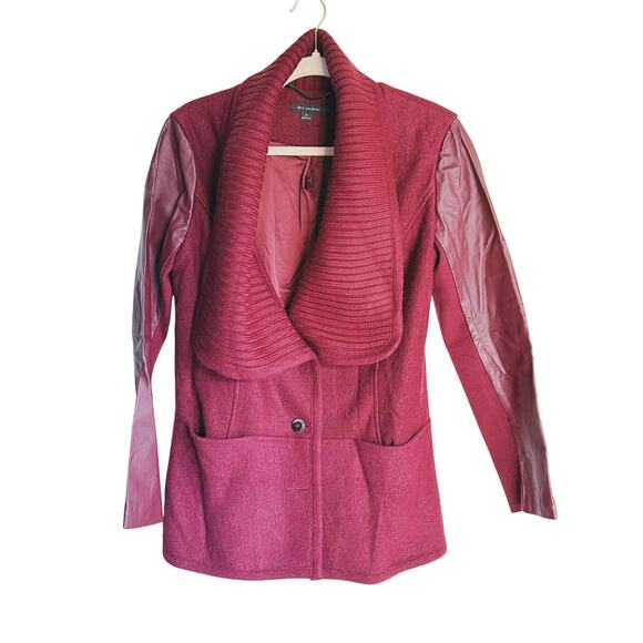 H by Halston Wool Blend Sweater Jacket Leather Sleeves Red 6 Quiet Luxury Maroon - Picture 2 of 10